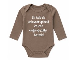 romper baby tekst zwangerschaps aankondiging ik word grote neef of nicht ik heb de ooievaar gebeld en een nichtje of neefje besteld beige lange mouw jongen of meisje maat 86-92