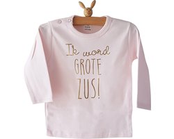 Shirt Ik word grote zus | lange mouw | roze met goud | zwangerschap aankondiging bekendmaking big sis sister maat 80