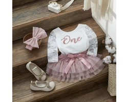 Verjaardag Outfit Baby 1 Jaar - Lang - Birthday Dress - Maat: 80/86 - Eerste Verjaardag - Romper & Tutu Luier - Verjaardagsjurk - Jurk voor Eerste Verjaardag - Baby 1 Jaar Jurk - Kleur: Roze & Goud - Hoera 1 Jaar! - Verjaardag Dochter - Cakesmash -
