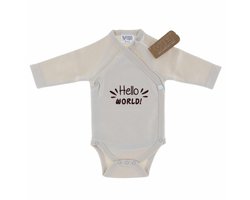 VIB® - Overslag romper 'Hello WORLD!' beige (0-3 m) - 1 stuks - Babykleertjes - romper - rompertjes - rompertjes met tekst - baby cadeau - baby aankondiging - overslagromper