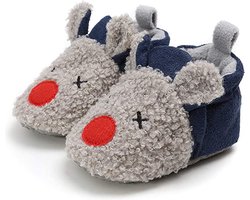 Babyslofjes - Antislip – Fleece voering - Slofjes voor je baby, dreumes voor jongens en meisjes – 6-12 Maanden (12cm) – Blauw - Grijs - Rendier