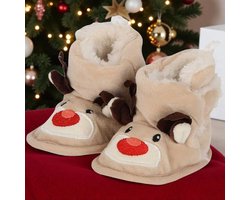 Babyslofjes Rendier – Maat 18-19 – Luxe Cadeauset met Plexiglas Kerstbal “My First Christmas”