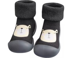 Fleece anti-slip babyschoentjes - Sok sloffen - Eerste loopschoentjes van Baby-Slofje - zwart beer - maat 20/21