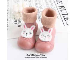 Fleece anti-slip babyschoentjes - Soksloffen - Eerste loopschoentjes van Baby-Slofje- oudroze konijn - maat 18/19