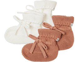 Noppies - Geschenkverpakking - Gebreide slofjes Nelson - 2paar - Baby 0-12mnd - Biologische katoen - Giftset - Cadeaudoosje - Newborn - Kraamcadeau - Babyshower - Sint - White - Café au lait