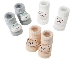 S&E 3 Paar Baby slofjes met Pluche Speelgoed – Cartoon Design – Wit