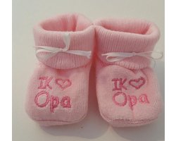 Slofjes - Ik Love Opa - Roze - 0-3 maanden - petit-villain - kraamcadeau