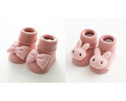 2 Paar Kinder Antislip Sokken – Roze – Konijn & Strik Design – Stevig & Veilig – 1-3 Jaar – Eerste Stapjes