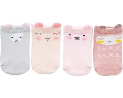4-pack Baby Meisjes Sokken – Roze met Diertjes (3-12 maanden