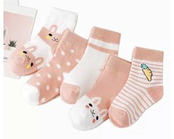 5 paar New born Baby sokken - set babysokjes - 0-6 maanden - Oranje Konijnen sokken - Babysokken - Multipack - Dierensokken - Kraamcadeau voor Jongen of Meisje - Babyshower Cadeau - Kraammand