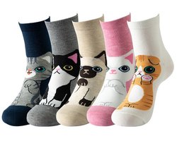 5 Paar Sokken met Kattenprint – Katten Sokken Dames & Meisjes – Maat 35–38 – Zachte Comfortabele Sokken – Leuk Cadeau