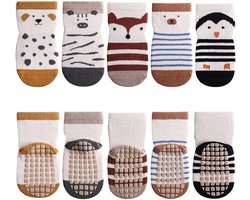 5-pack antislip sokken van ABS voor baby's en peuters, dierenmotief van katoen, 0-1 jaar oud