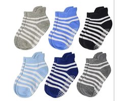 6 Paar Antislip Sokken Kind Baby - 1-3 Jaar - Strepen Wit, Lichtblauw en Grijs - Enkelsokken - Verbeterde Kwaliteit