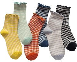 6 paar gestreepte ruches sokken voor dames - Schattige geruite katoenen crew-sokken in maat 5-9
