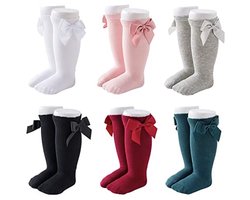 6 paar katoenen kniekousen met strikjes voor babymeisjes - soklengte 11-13 cm, geschikt voor 12 tot 24 maanden
