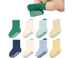 8 Paar Antislip Sokken voor Peuter - Chaussettes bébé - chaussettes de maison mi-longues respirantes - Chaussettes antidérapantes pour Bébé - Met Grips Ademend - Crew Sokken - voor Baby Jongens Meisjes - 8 couleurs