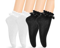 Allecta - Katoenen enkelsokken met ruches, 2 paar dames sokken, Wit + Zwart, one size, Comfortabele kanten sokken met ribon-rand