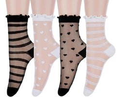 Allecto plus - Set van 4 Paar Zwarte Sheer Enkelsokken met Ruches en Kant - Vrouwen Zomersokken met Transparant Design - Dunne Sokken met Hart- en Streepmotief