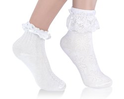 Allecto plus - Witte kanten damessokken met ruches - Set van 2 - Zacht katoen - Schattig design - Meisjes balletsokken