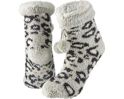 Apollo Huissokken/slofsokken + luipaard print - zwart - dames - anti-slip - fleece - one size - 36/41