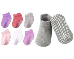 Baby Antislip Sokken Meisje - 6-12 maanden - 6 paar - Roze Paars Effen