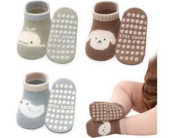 Babysokjes - Antislipsokjes voor baby's - 3 paar kindersokjes - Leuke antislipsokjes met dierenmotief - Antislipsokjes voor baby's van 1-3 jaar. Cadeau voor de zwangerschap.