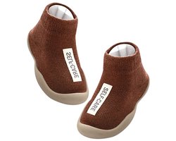 Babysokjes en schoentjesset - Antislip babylaarsjes - Ademend katoenen bovenwerk + zachte rubberen zool - 1 paar - Geschikt voor peuters in alle seizoenen - Bruin
