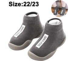 Babysokjes en schoentjesset - Antislip babyschoentjes - Ademend gebreid bovenwerk en zachte rubberen zool - 1 paar - Geschikt voor kruipende baby's + Grijs