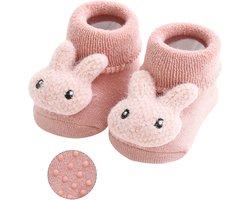 Babysokjes Roze Konijn - 0-6 maanden - lichtroze - zacht - warm - anti-slip - katoen - meisjes - kraamcadeau - 3D konijntje - fleece voering - kindersokjes
