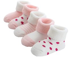 Babysokken - 5 Paar - Babysokjes - Antislip Sokken voor Baby’s/Kinderen - Meisjes Baby en Dreumes - Zacht - Warm - Maat S: 10-12cm (0-1 jaar) - Voor Baby's Peuter