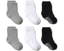 Babysokken - 6 Paar 3 Kleuren - Baby Antislip Sokken - Antislip Sokken voor Baby’s/Kinderen - Effen - Jongens - Maat XL: 16-18cm (5-7 jaar) - Voor Baby's Peuter