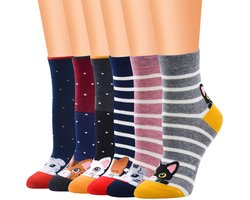 Grappige sokken voor meisjes, katoen: korte sokken met kattenprint, kitten, cartoon, strepen, fantasie, 6 paar, leeftijd 2-11