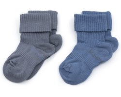 KipKep Babysokjes Blauw: bio Blijf-Sokjes - Maat 0-6 mnd - Denim Blue - Antraciet - 2 paar - zakken niet af