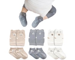 Kniebeschermers en Kruipsokken Set voor Baby's - Antislip Kruipbeschermers - Rubberen Stippen - Kniekousen - Meisjes Jongens - 0-6 maanden - Wit
