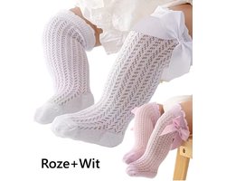 Meisjessokken met Grote Strik – Maat M (1–2 jaar) – 2 Paar – Wit & Roze – Ademend Mesh – Kniehoog – Katoenmix – Zachte Kindersokken – All Season