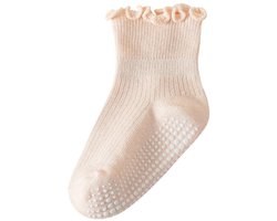 Meisjessokken voor baby's en peuters: 5 paar schattige korte sokken van katoen met ruches en antislip,abrikoos,M (1-3 jaar)