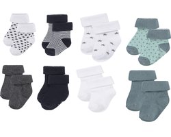 Noppies - 8 paar sokjes - In Cadeaudoosje - Wit met grijze stip - Grijs effen - Blauw wit streepje - Blauw effen - Wit met grijze ster - Groen met stip - Groen effen - 3-6 Maanden - Maat 62-68
