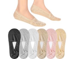 Premium - No Show Lace bootsokken, katoen, antislip enkelsokken, veelkleurig, ultra laag uitgesneden voering sokken - Zwart, Wit, Donkere Huid, Grijs, Roze, Huid - One size