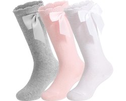 Set van 3 babysokken tot over de knie, lange katoenen kindersokken met strik, blijven goed zitten, antislip, elastisch, maat S (geschikt voor een voetlengte van 12-14 cm voor kinderen van 0-2 jaar), wit, grijs en roze.