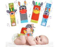 Set van 4 - Baby polsbandjes sokkenset - Cartoon dieren rammelsokken - Baby polsbandjes - Babysokken - Babycadeaus, verjaardagscadeaus, kerstcadeaus - Geschikt voor baby's van 3-6 maanden