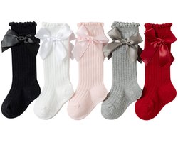 Set van 5 babysokken tot over de knie, lange katoenen kindersokken met strik, blijven goed zitten, antislip, elastisch, maat S (geschikt voor een voetlengte van 12-14 cm voor kinderen van 0-2 jaar).