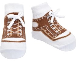Sneaker sokjes-bruin-voor baby  0-12 maanden.  Witte vetertjes-Anti slip zooltjes-Kraamcadeau-Baby shower