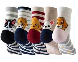 Sokken Hondenprint Dames & Meisjes – 5 paar - Gestreept – Maat 35-38 – Katoenmix