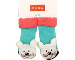 Soxo - Groene Sokken voor Baby met Rammelaar – Muis Afbeelding – Maat 16-18 – Voor Meisjes en Jongens van 0-6 Maanden - Groene babysokken - Babysokken met rammelaar - Babysokjes met geluid - Baby sokken maat 16-18 - Baby sokken muis - Baby cadeau