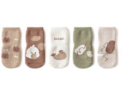 Verpakking met 5 paar babysokjes, geschikt voor zowel jongens als meisjes, dik en warm, met schattige cartoonprints, antislip katoenen sokjes, verkrijgbaar in bruin, kaki, blauw, beige en wit (maat M: 1-2 jaar, voetlengte 12-14 cm).