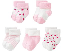 Vijf paar extra dikke, warme babysokjes van puur katoen, elastisch, antislip, roze (maat S, geschikt voor baby's van 0-12 maanden).