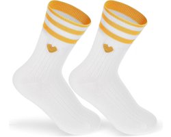 Witte retro tennissokken met hartjes - dames maat 36-43 - ademend en comfortabel - katoenen sokken voor meisjes en tieners - geel