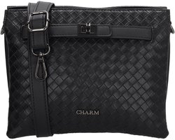 Charm London Mirabello Crossbodytas - Gevlochten Detail - Gesp Voorop - Drie Vakken - Ritssluiting - Verstelbare Band - Dames - Schoudertas - Dames Tas - Zwart