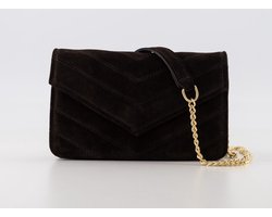 Klein suede leren crossbody / schoudertasje met gouden details, donkerbruin - Laurie