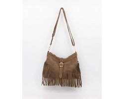 Tas- taupe- suède- crossbody- met franjes